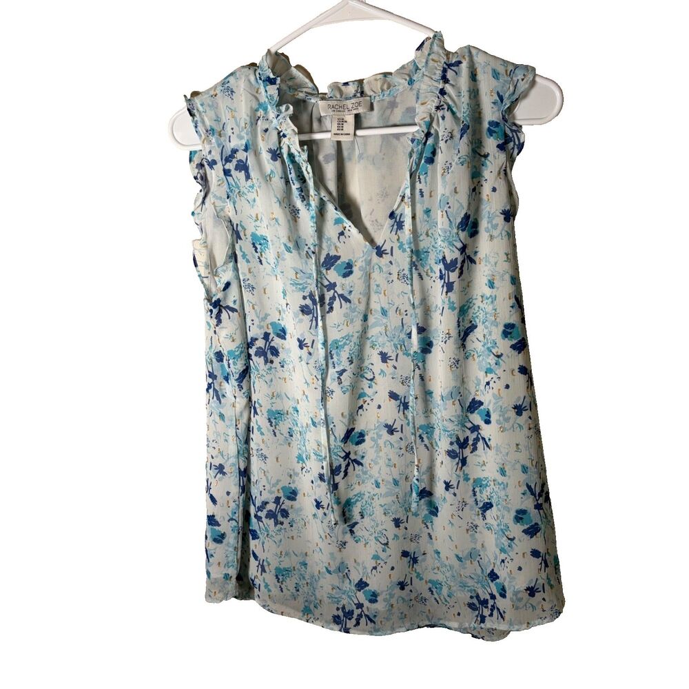 Rachel Zoe Tank Top Women's Medium V-Neck Ruffle Metallic Blue Shirt Tie